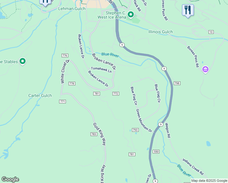map of restaurants, bars, coffee shops, grocery stores, and more near 119 Flintstone Lane in Breckenridge