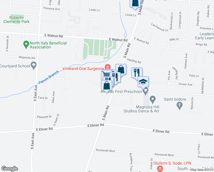 map of restaurants, bars, coffee shops, grocery stores, and more near 1406 South Main Road in Vineland