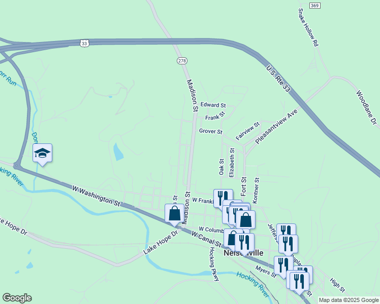 map of restaurants, bars, coffee shops, grocery stores, and more near 318 Madison Street in Nelsonville