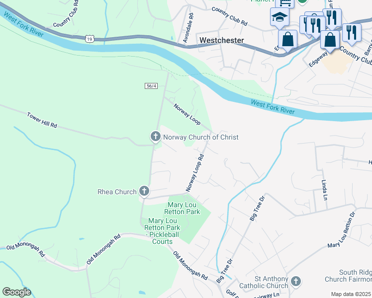 map of restaurants, bars, coffee shops, grocery stores, and more near 46 Joecarrie Drive in Fairmont