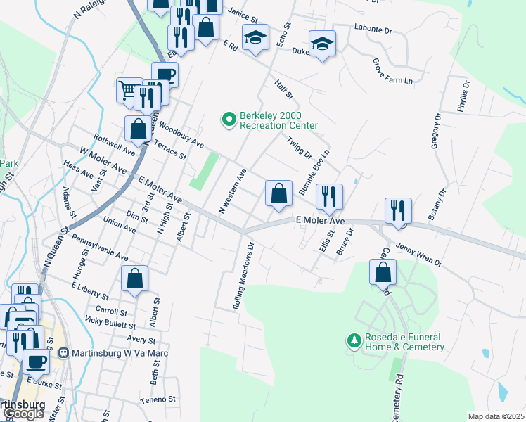 map of restaurants, bars, coffee shops, grocery stores, and more near 801 East Moler Avenue in Martinsburg