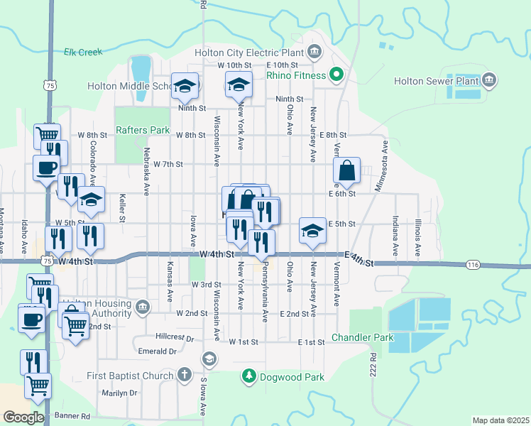 map of restaurants, bars, coffee shops, grocery stores, and more near Pennsylvania Avenue in Holton