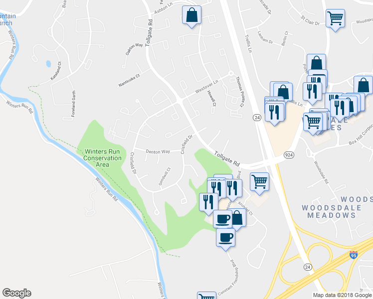 map of restaurants, bars, coffee shops, grocery stores, and more near 411 Crisfield Drive in Abingdon