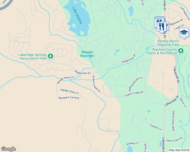 map of restaurants, bars, coffee shops, grocery stores, and more near 6416 Evans Creek Drive in Reno