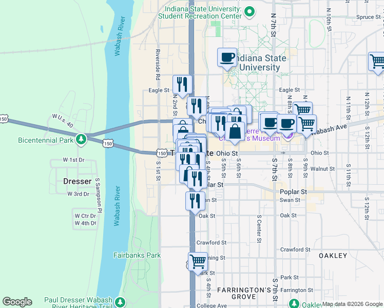map of restaurants, bars, coffee shops, grocery stores, and more near in Terre Haute