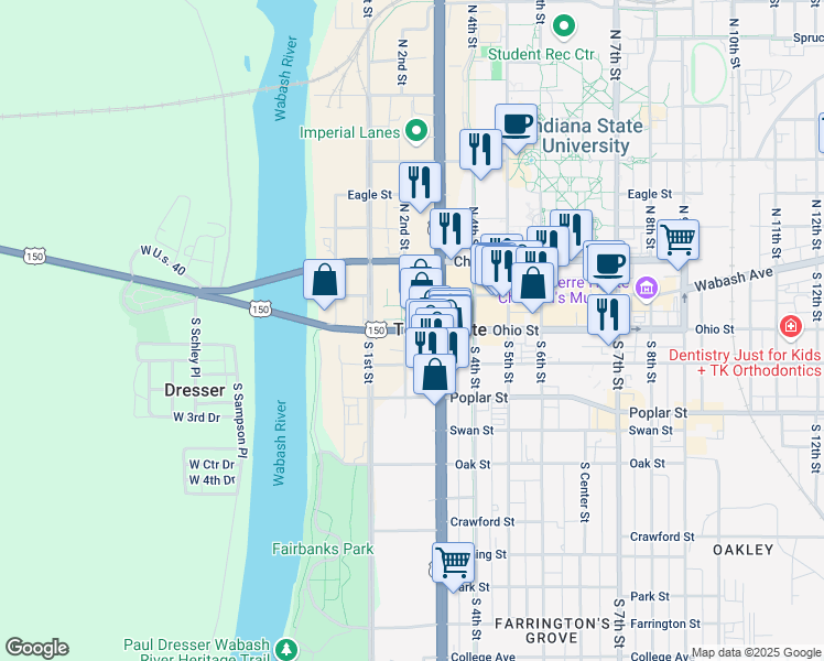 map of restaurants, bars, coffee shops, grocery stores, and more near 219 Ohio Street in Terre Haute