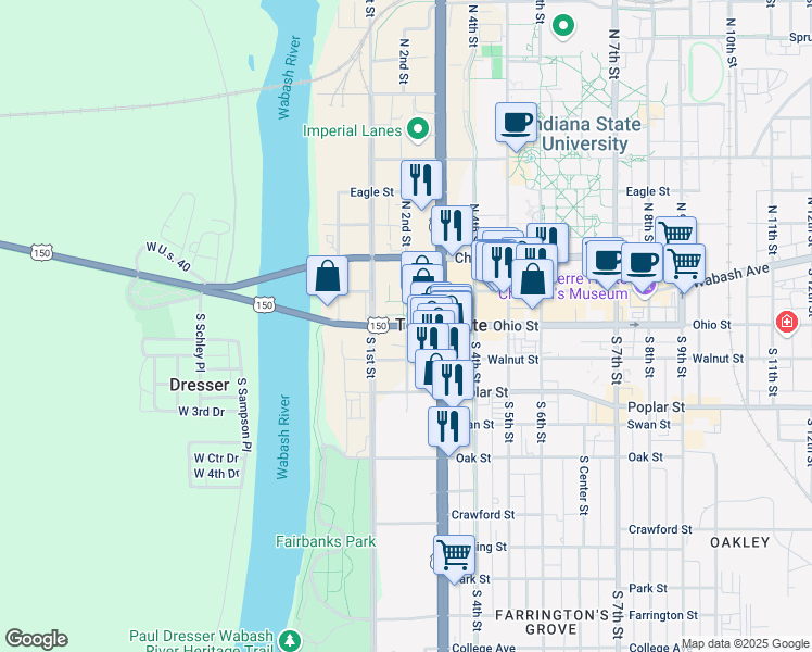 map of restaurants, bars, coffee shops, grocery stores, and more near 199 Harding Avenue in Terre Haute