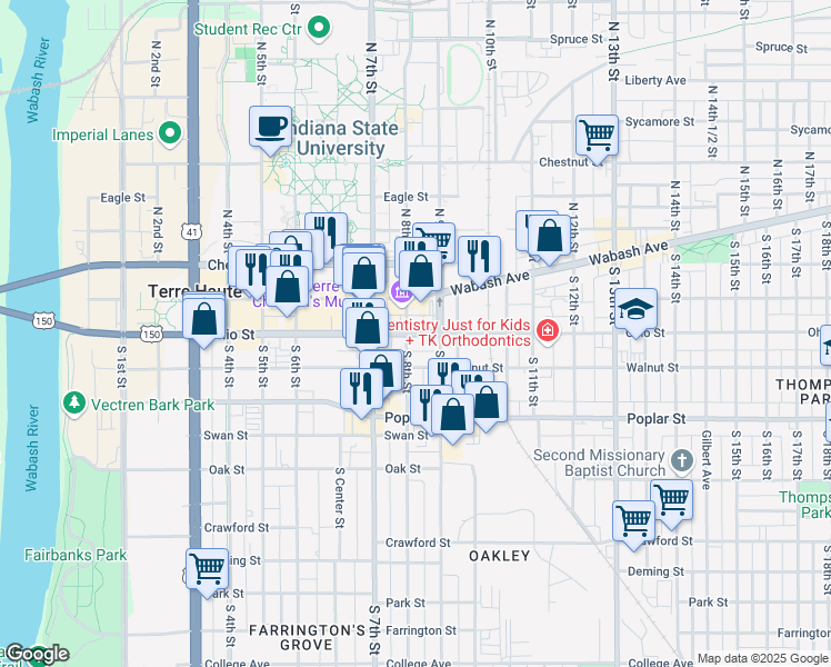 map of restaurants, bars, coffee shops, grocery stores, and more near 823 Ohio Street in Terre Haute