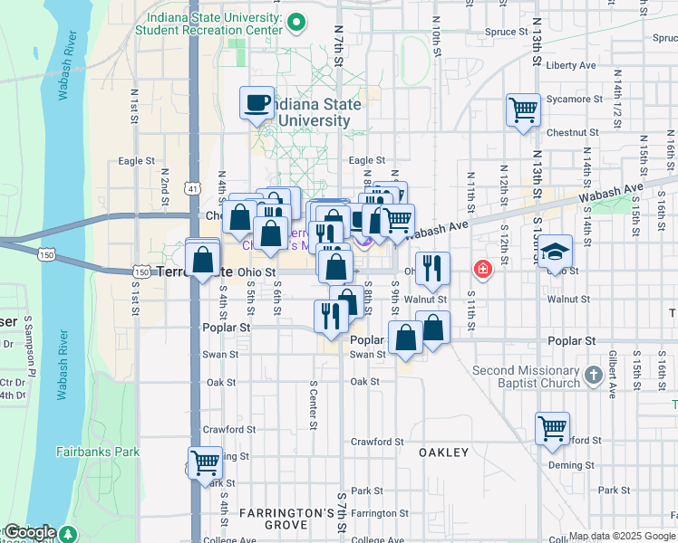 map of restaurants, bars, coffee shops, grocery stores, and more near 683 Ohio Street in Terre Haute