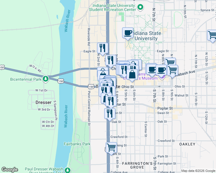 map of restaurants, bars, coffee shops, grocery stores, and more near in Terre Haute