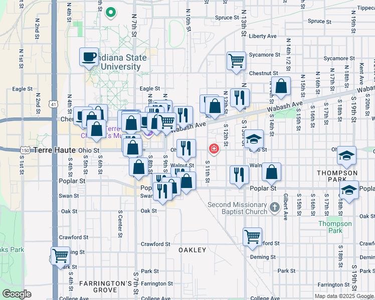 map of restaurants, bars, coffee shops, grocery stores, and more near Ohio Street in Terre Haute