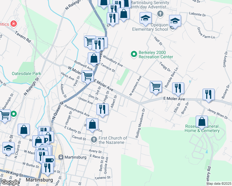 map of restaurants, bars, coffee shops, grocery stores, and more near 424 East Moler Avenue in Martinsburg