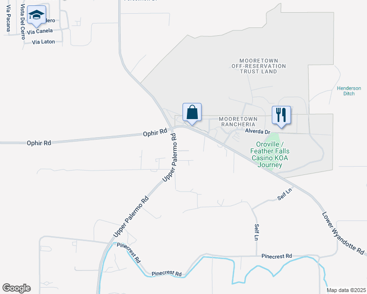 map of restaurants, bars, coffee shops, grocery stores, and more near 6045 Upper Palermo Road in Oroville