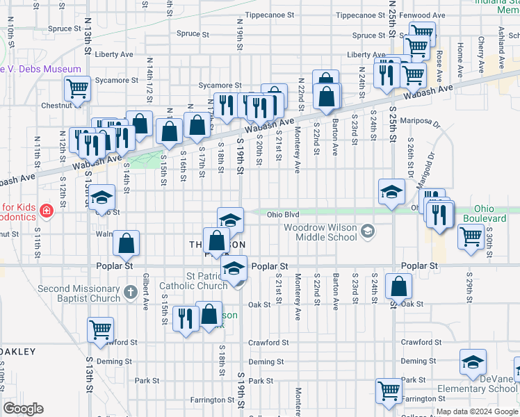 map of restaurants, bars, coffee shops, grocery stores, and more near 1701 Ohio Boulevard in Terre Haute