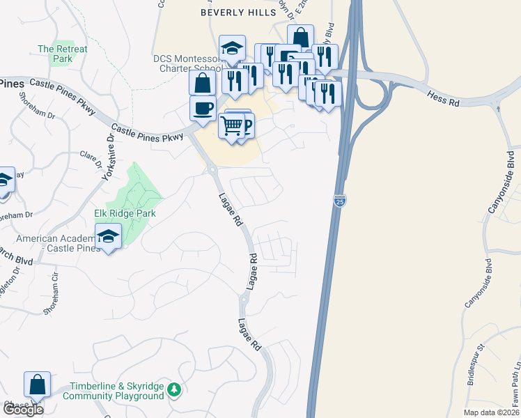 map of restaurants, bars, coffee shops, grocery stores, and more near 382 Hyde Park Circle in Castle Pines