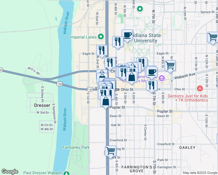 map of restaurants, bars, coffee shops, grocery stores, and more near 129 S 3rd St in Terre Haute
