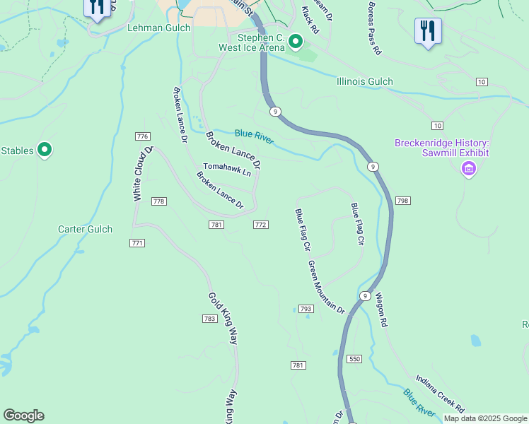 map of restaurants, bars, coffee shops, grocery stores, and more near 119 Flintstone Lane in Breckenridge