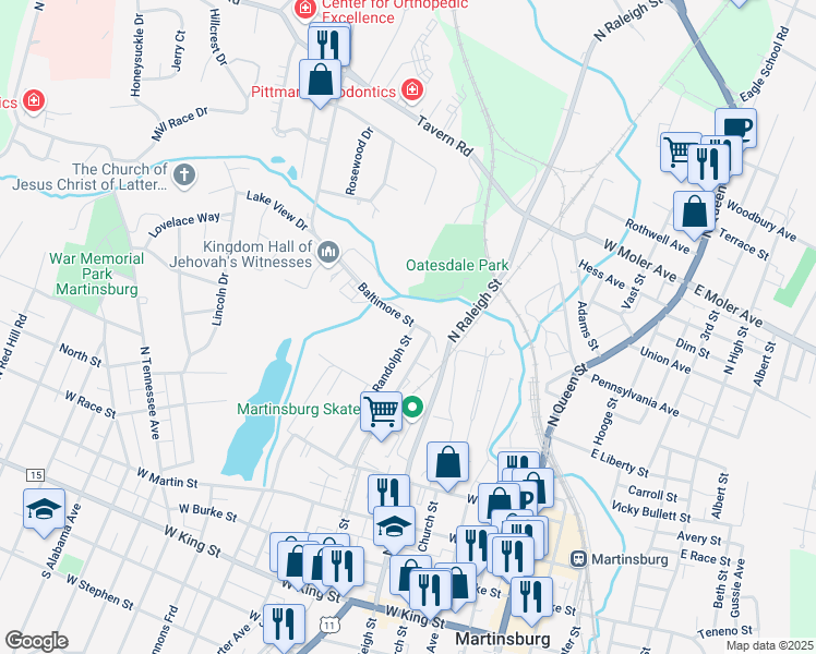 map of restaurants, bars, coffee shops, grocery stores, and more near 430 Randolph Street in Martinsburg