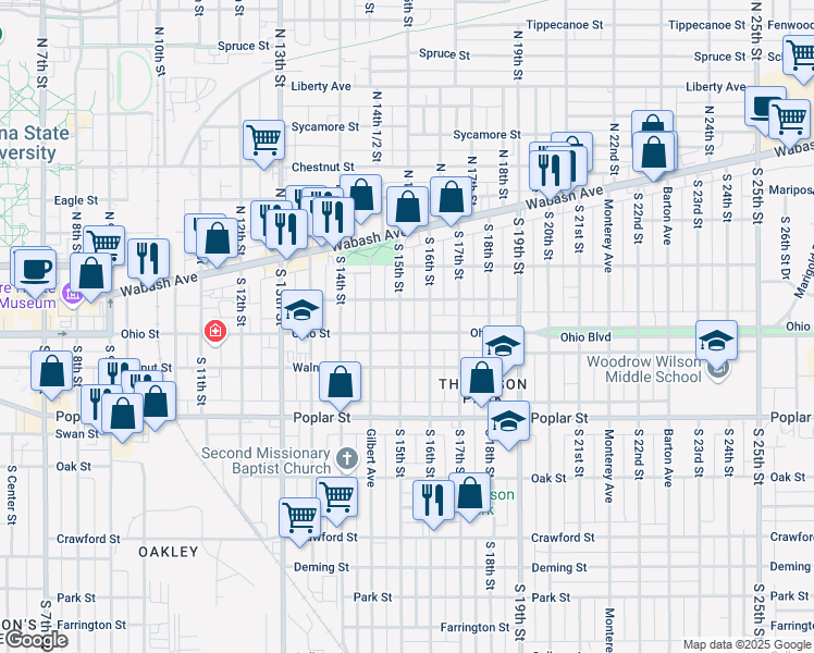 map of restaurants, bars, coffee shops, grocery stores, and more near 218 South 15th Street in Terre Haute