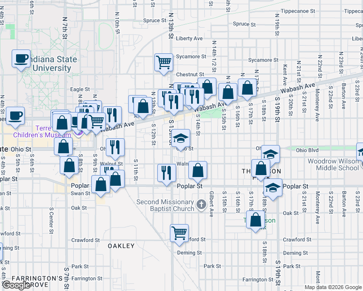 map of restaurants, bars, coffee shops, grocery stores, and more near 214 South 13th Street in Terre Haute