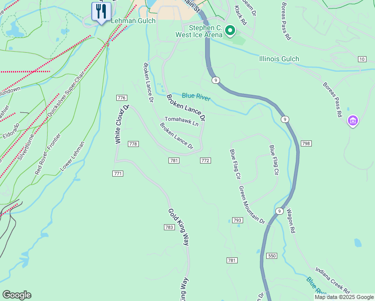 map of restaurants, bars, coffee shops, grocery stores, and more near 263 Silver Queen Drive in Breckenridge