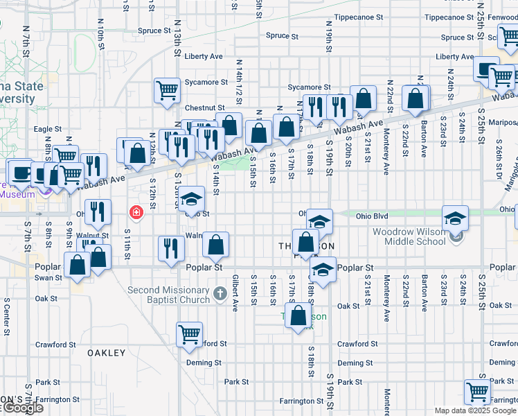 map of restaurants, bars, coffee shops, grocery stores, and more near 218 South 15th Street in Terre Haute