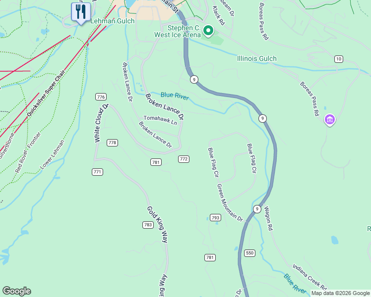 map of restaurants, bars, coffee shops, grocery stores, and more near 123 Flintstone Lane in Breckenridge
