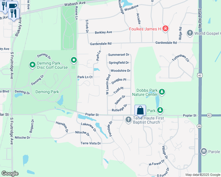 map of restaurants, bars, coffee shops, grocery stores, and more near 33 West Lawrin Boulevard in Terre Haute