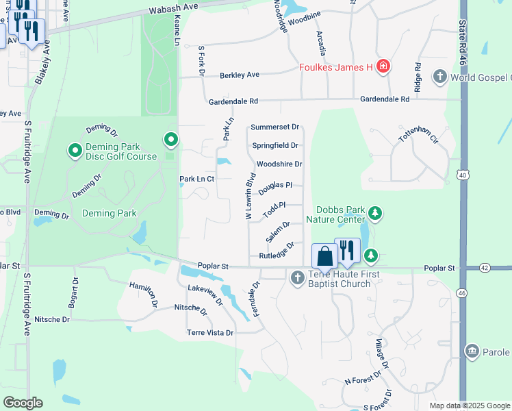 map of restaurants, bars, coffee shops, grocery stores, and more near 33 West Lawrin Boulevard in Terre Haute