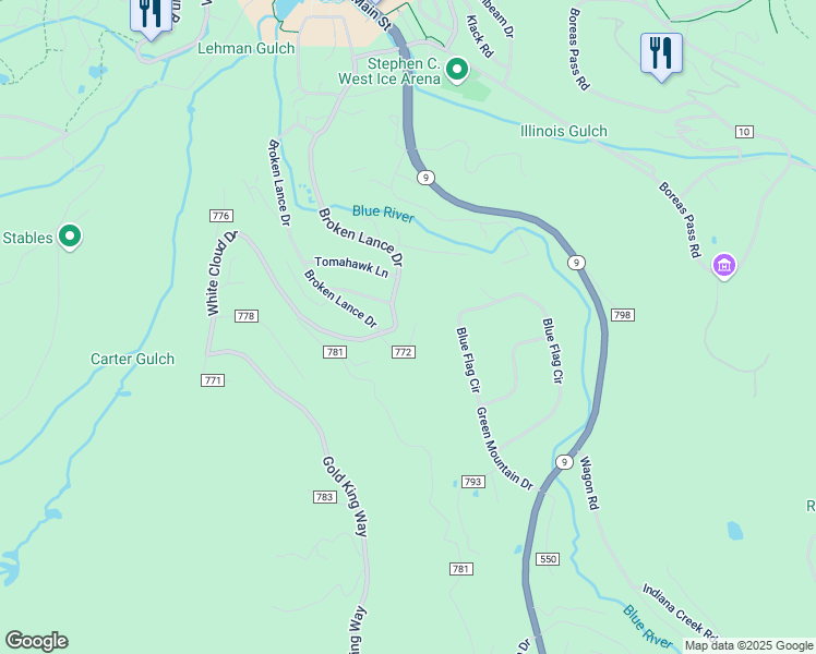 map of restaurants, bars, coffee shops, grocery stores, and more near 125 Flintstone Lane in Breckenridge
