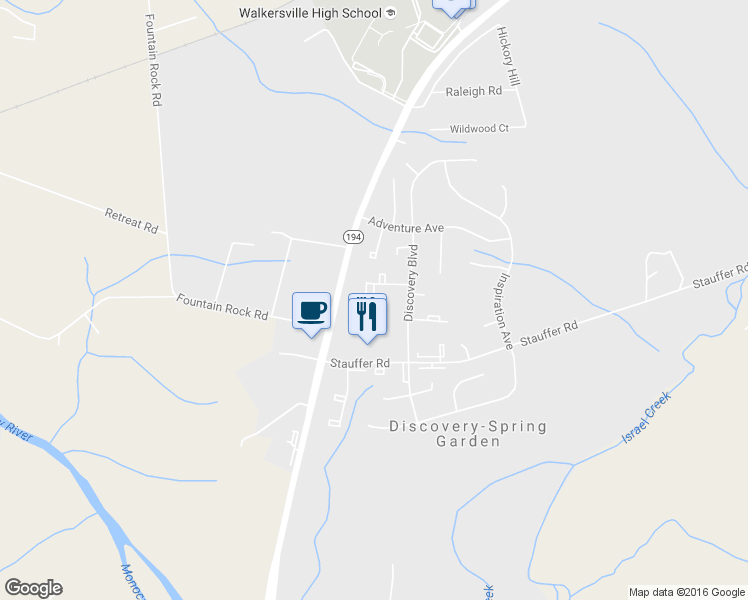 map of restaurants, bars, coffee shops, grocery stores, and more near 8740 Treasure Avenue in Walkersville