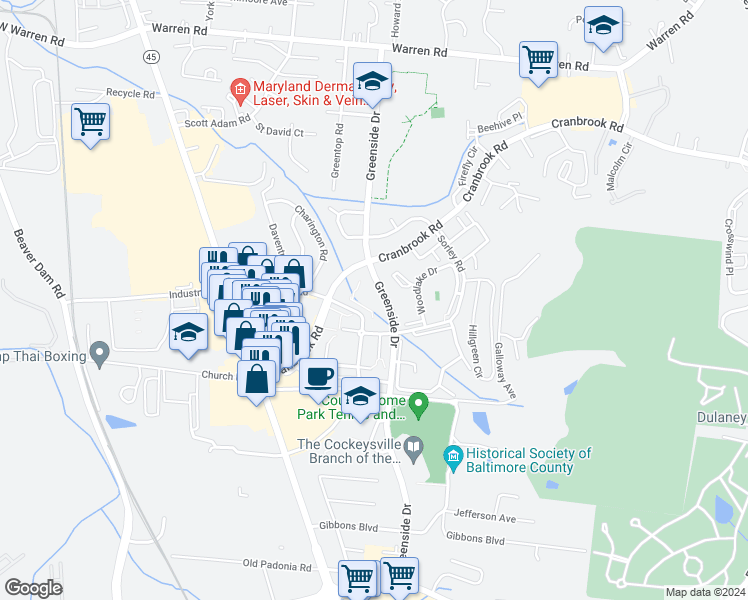 map of restaurants, bars, coffee shops, grocery stores, and more near 10100 Greenside Drive in Cockeysville