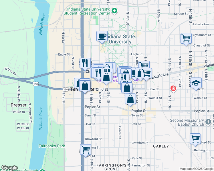 map of restaurants, bars, coffee shops, grocery stores, and more near 19 South 6th Street in Terre Haute
