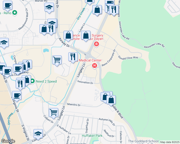 map of restaurants, bars, coffee shops, grocery stores, and more near 625 Innovation Drive in Reno