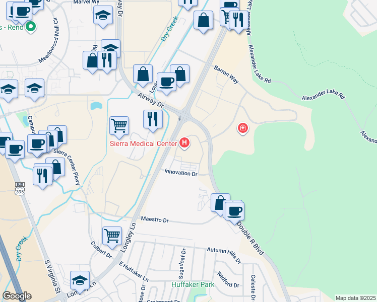 map of restaurants, bars, coffee shops, grocery stores, and more near 625 Innovation Drive in Reno