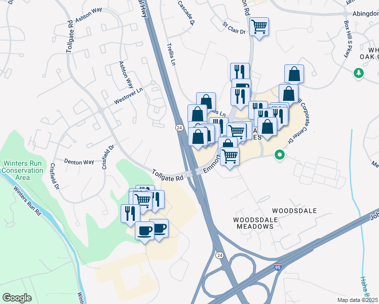 map of restaurants, bars, coffee shops, grocery stores, and more near 3807 Veterans Memorial Highway in Abingdon