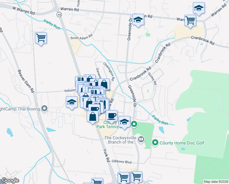 map of restaurants, bars, coffee shops, grocery stores, and more near Cranbrook Rd & Lord Byron Ln in Cockeysville