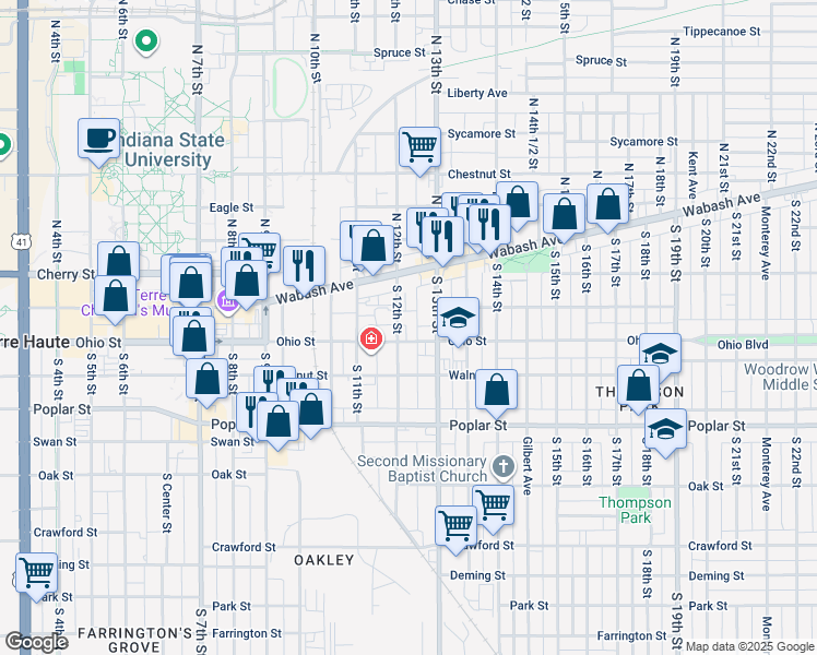 map of restaurants, bars, coffee shops, grocery stores, and more near 40 South 12th Street in Terre Haute