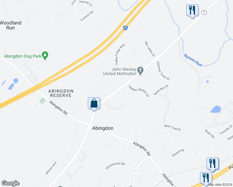 map of restaurants, bars, coffee shops, grocery stores, and more near 3801 Philadelphia Road in Abingdon