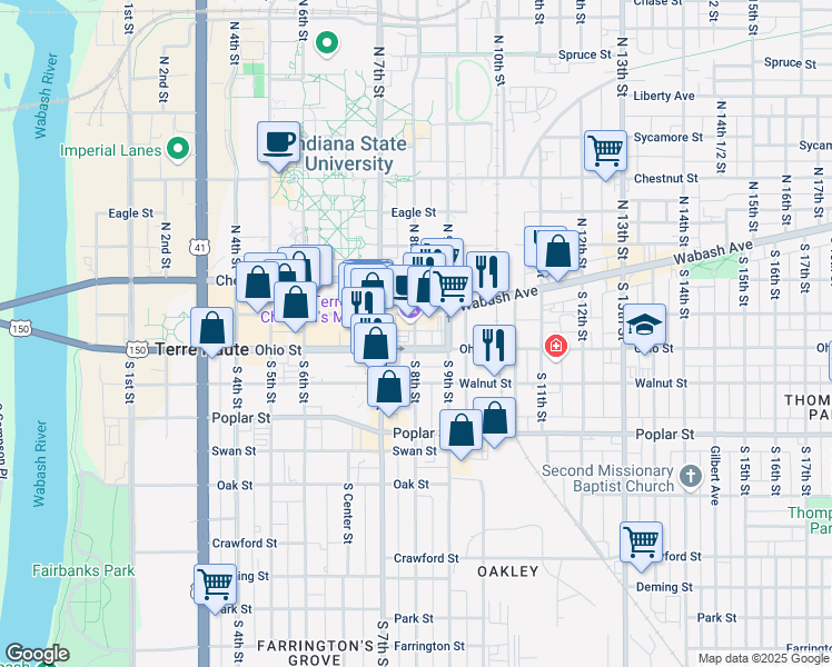 map of restaurants, bars, coffee shops, grocery stores, and more near 26 South 8th Street in Terre Haute