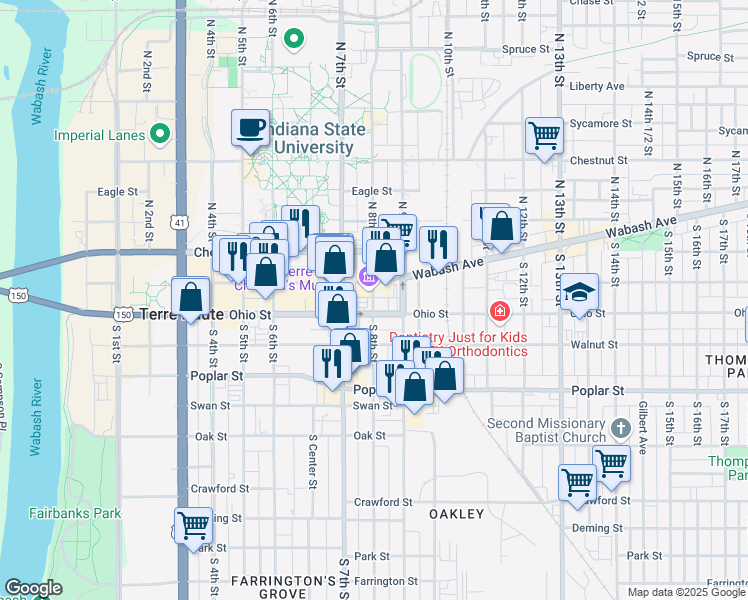 map of restaurants, bars, coffee shops, grocery stores, and more near 26 South 8th Street in Terre Haute