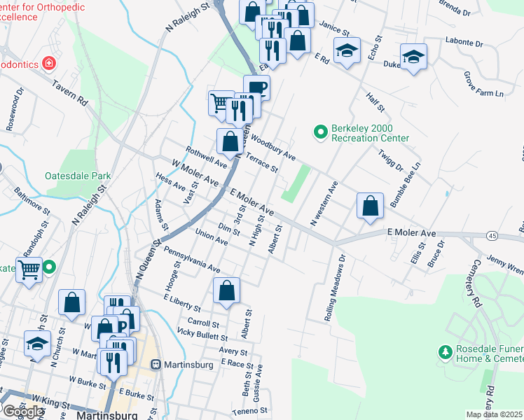 map of restaurants, bars, coffee shops, grocery stores, and more near 822 North High Street in Martinsburg