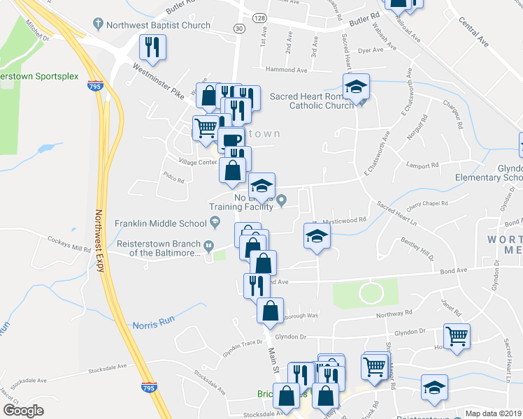 map of restaurants, bars, coffee shops, grocery stores, and more near 132 Business Center Dr in Reisterstown