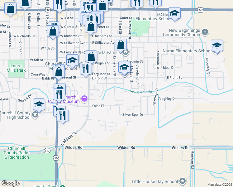 map of restaurants, bars, coffee shops, grocery stores, and more near 880 Humboldt Street in Fallon