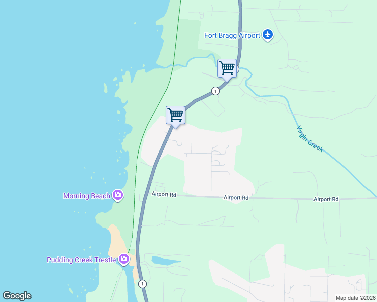 map of restaurants, bars, coffee shops, grocery stores, and more near 22290 Burrows Ranch Road in Fort Bragg