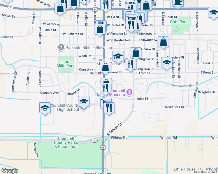 map of restaurants, bars, coffee shops, grocery stores, and more near 890 Mark Avenue in Fallon