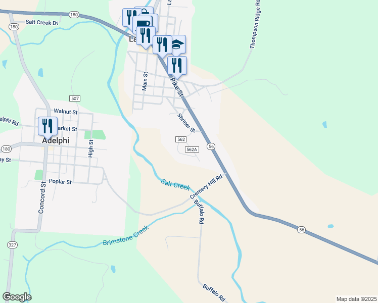 map of restaurants, bars, coffee shops, grocery stores, and more near 16300-16398 Township Highway 562A in Laurelville