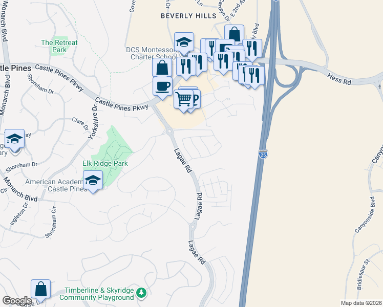 map of restaurants, bars, coffee shops, grocery stores, and more near 7119 Othello Street in Castle Pines