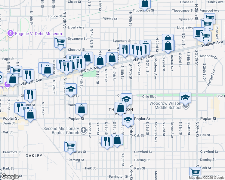 map of restaurants, bars, coffee shops, grocery stores, and more near 1601-1699 Orchard Street in Terre Haute
