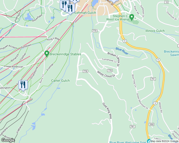 map of restaurants, bars, coffee shops, grocery stores, and more near 71 New England Drive in Breckenridge